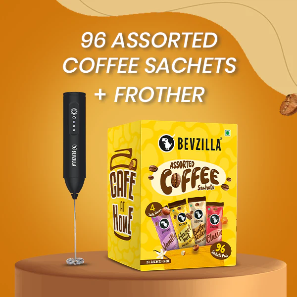 96 Assorted Sachets Pack + Rechargeble Frother