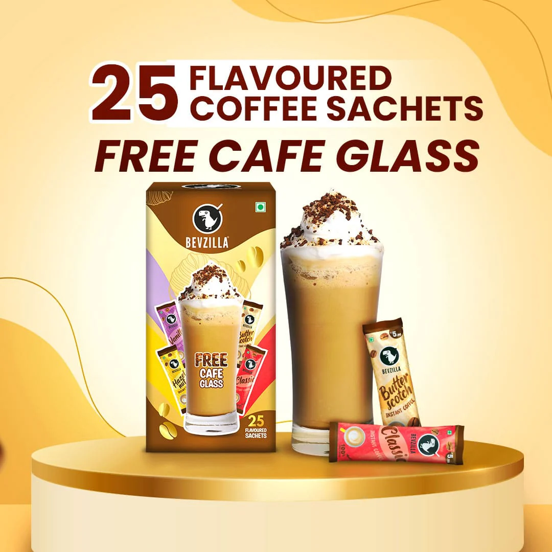 Assorted pack of Coffee Sachets With 25 flavoured coffee sachets + free cafe glass