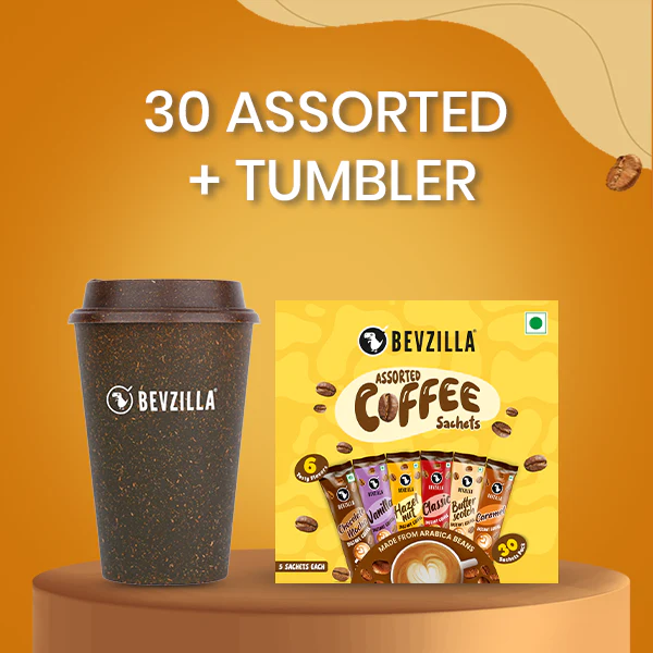 30 Assorted Coffee Sachets Box + Reusable Coffee Husk Tumbler - 300ml