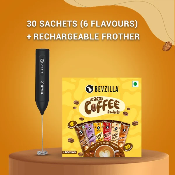 30 Assorted Sachets ( 6 Flavours) + New Rechargeable Frother