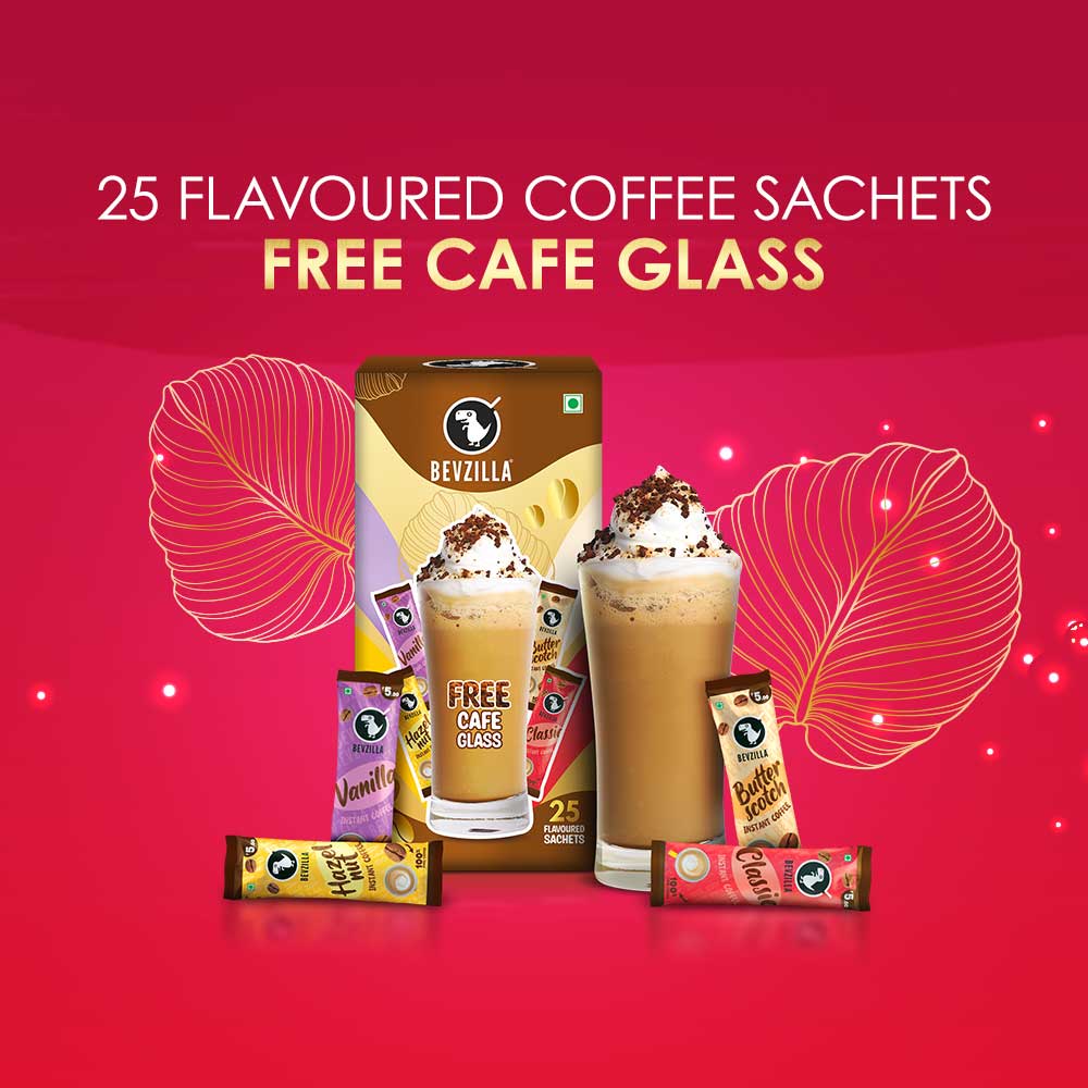 25 flavoured Coffee Sachets & Cafe Glass Gift Box