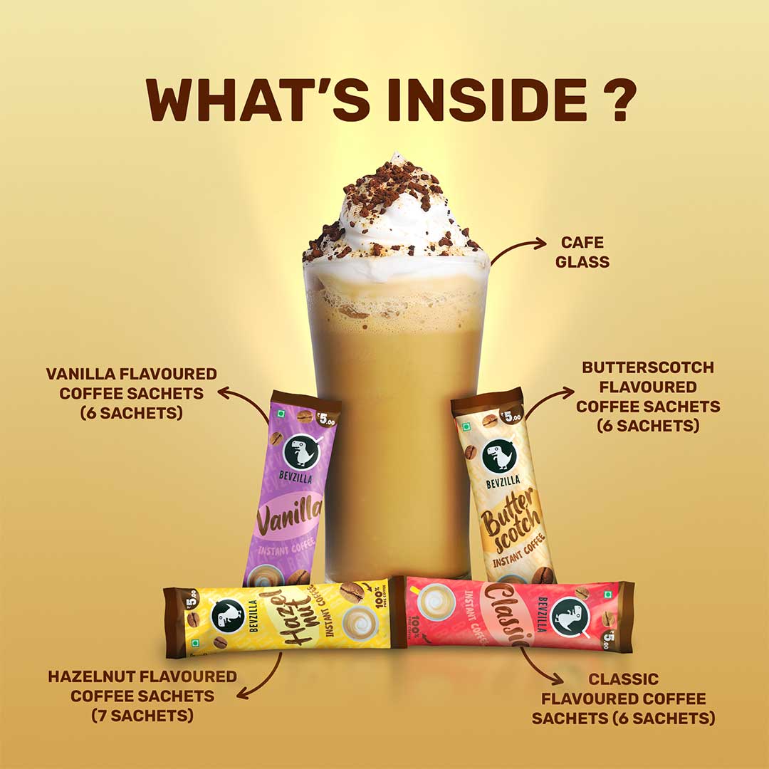 25 flavoured Coffee Sachets & Cafe Glass Gift Box - Image 2