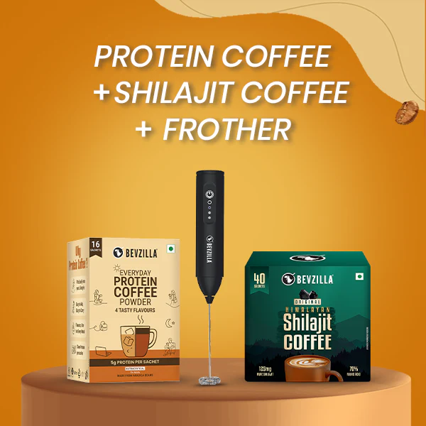 16 Assorted Protein Coffee Sachets Box + 40 Himalayan Pure Shilajit Coffee Sachets Box + New Rechargeable Frother